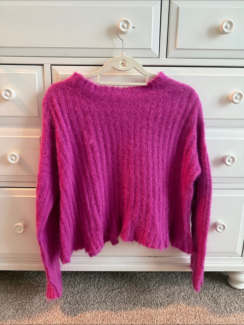Free People Fuchsia Ribbed Fuzzy Crewneck Sweater